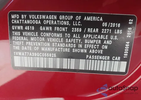 2016 Volkswagen Passat 1.8T S из США, поврежденный, VIN 1VWAT7A39GC055825